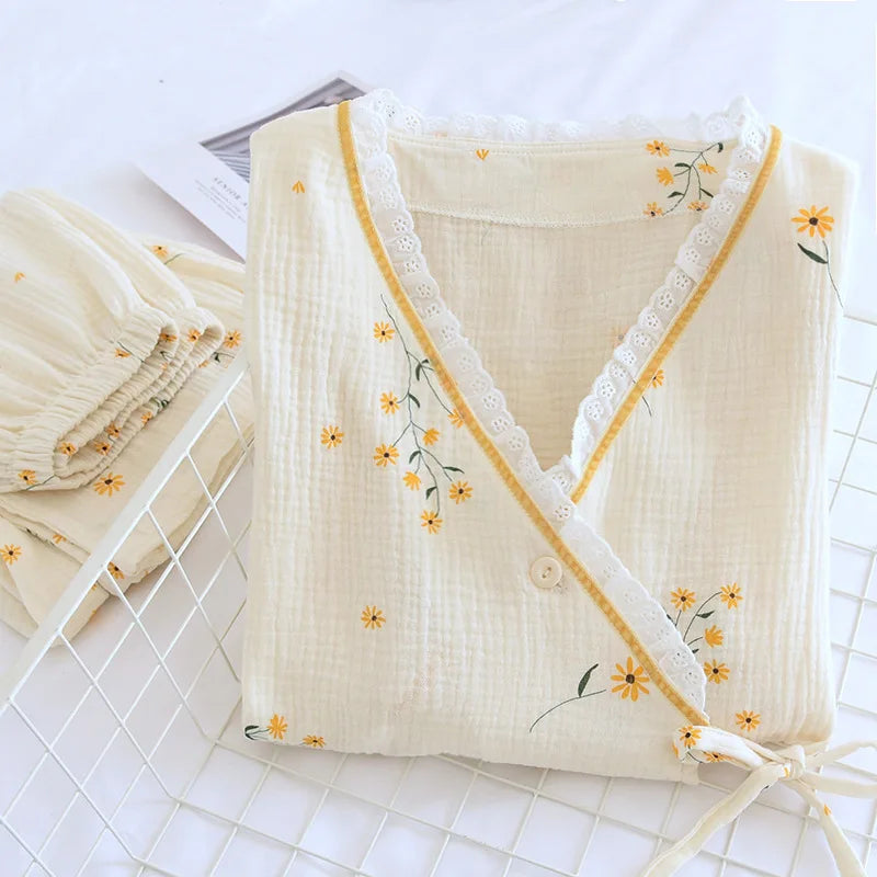 Fdfklak 2025 Spring Crepe Kimono Long Sleeve Home Clothes Female Sleepwear Gauze Cotton V-Neck Home Suit Women's Pajama