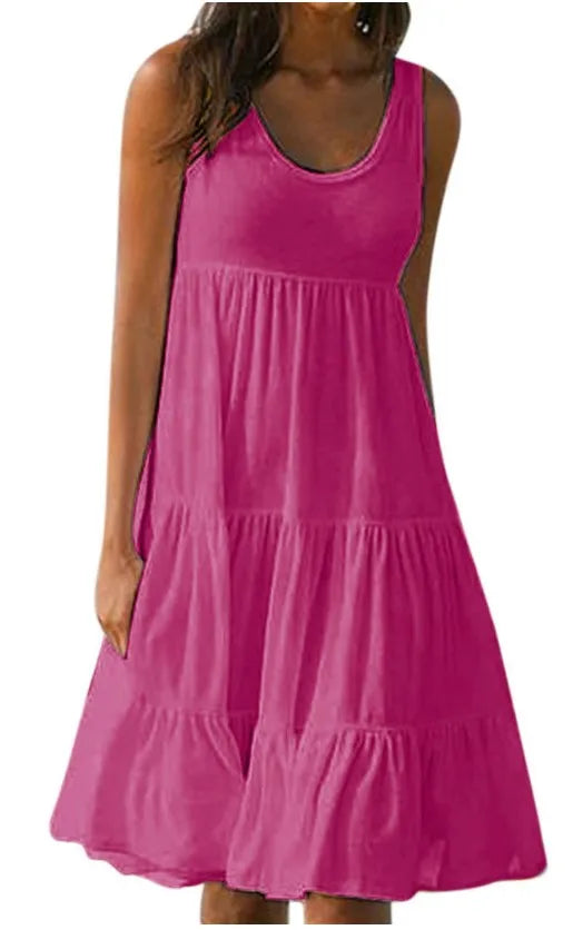 Women Causual O Neck Sleeveless Ruffles Mini Dress Boho Solid Beach Sundress Oversized Loose Dress 2023 Summer
