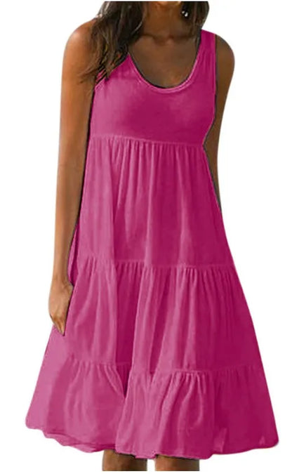 Women Causual O Neck Sleeveless Ruffles Mini Dress Boho Solid Beach Sundress Oversized Loose Dress 2023 Summer