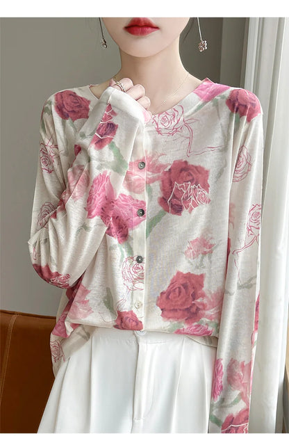 Spring And Summer New Lyocell Water-Soluble Wool Blended Round Neck Knit Cardigan Long Sleeve Feminine Sweater Printed Top