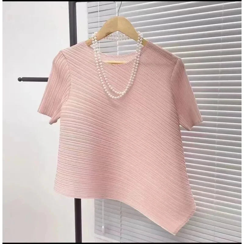 2025 Fold Fashion Summer Shirts Short-Sleeved T Shirt Women's Sleeveless Vest Waistcoat Tops Loose Blouse Shirt Tee Female pink short sleeves One Size