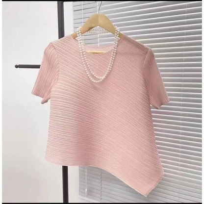 2025 Fold Fashion Summer Shirts Short-Sleeved T Shirt Women's Sleeveless Vest Waistcoat Tops Loose Blouse Shirt Tee Female pink short sleeves One Size