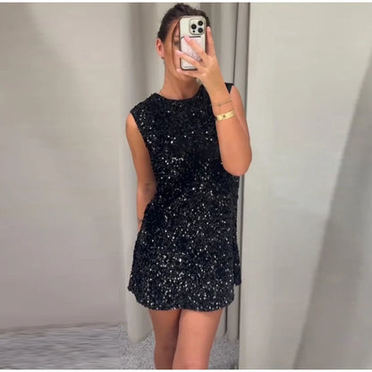 Sexy Sequins Short Black Party Dresses for Women Halter V Neck Backless Sparkly Ruffles Woman Mini Dress 2025 New Club Gowns