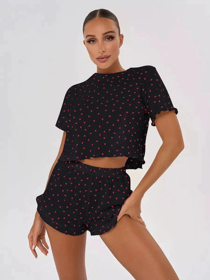 Womens Cute Heart Print Pajama Set Two Piece Short Sleeve Crop Top Ruffle Shorts Sleepwear Loungewear Casual Summer Nightwear ﻿ black