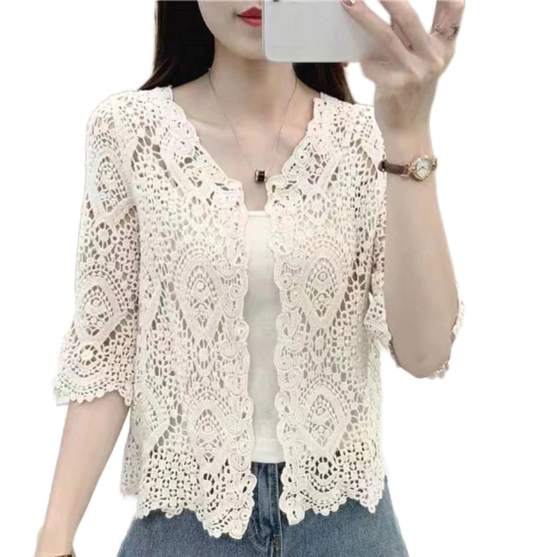 Women Knitted Lace Shrug Boho Hollow Crochet Floral 3/4 Sleeves Open Front Cropped Cardigan Elegant Mesh Sweater Coveup Beige One Size
