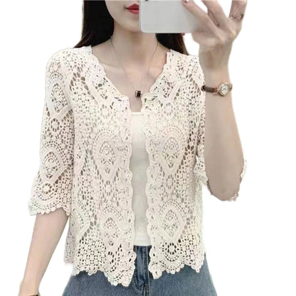 Women Knitted Lace Shrug Boho Hollow Crochet Floral 3/4 Sleeves Open Front Cropped Cardigan Elegant Mesh Sweater Coveup Beige One Size