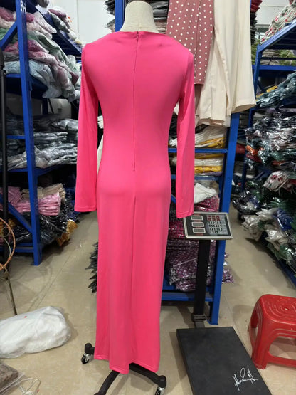 Sexy Bodycon Long Sleeve Midi Dress Women 2024 Autumn Slim Solid Party Package Hip Elegant Dresses For Women Robe Femme