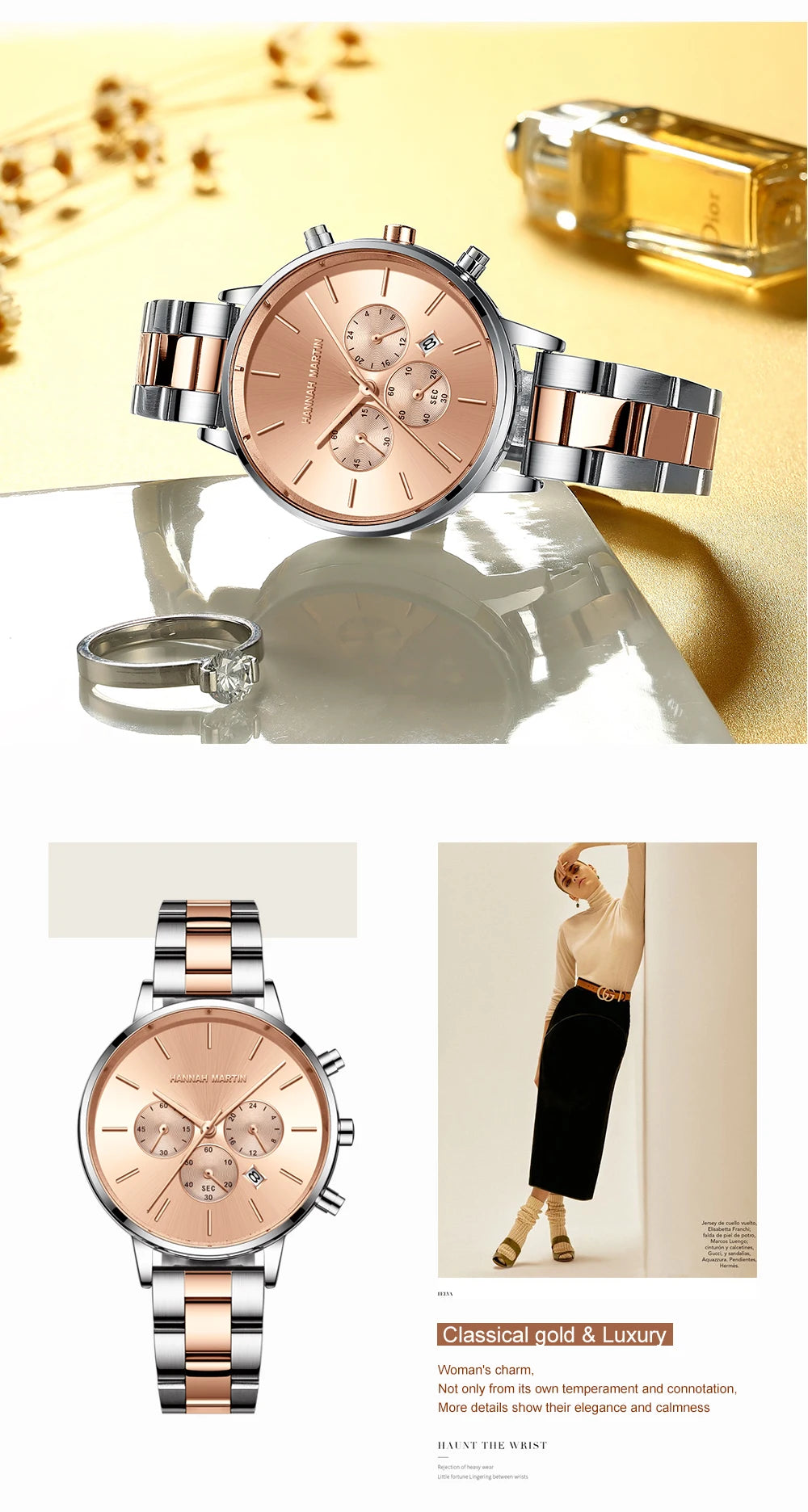 HANNAH MARTIN Brand Women Multifunctional Watch Original Stainless Steel Rose Gold 36mm Quartz Movement Casual Banquet Wristatch