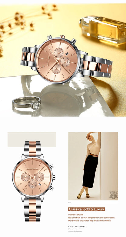 HANNAH MARTIN Brand Women Multifunctional Watch Original Stainless Steel Rose Gold 36mm Quartz Movement Casual Banquet Wristatch