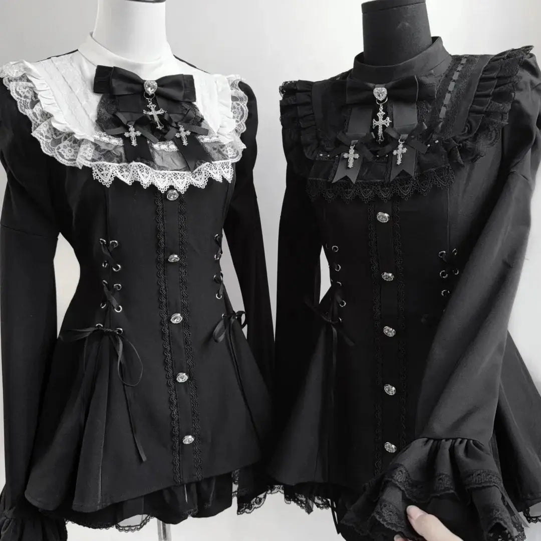 Y2k Aesthetic Lolita Style Bow Dress Shorts Set Japanese Women Gothic Lace Flare Sleeve Button Shirt Dress Punk Party Mini Dress
