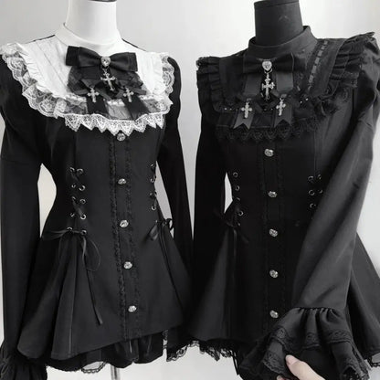 Y2k Aesthetic Lolita Style Bow Dress Shorts Set Japanese Women Gothic Lace Flare Sleeve Button Shirt Dress Punk Party Mini Dress