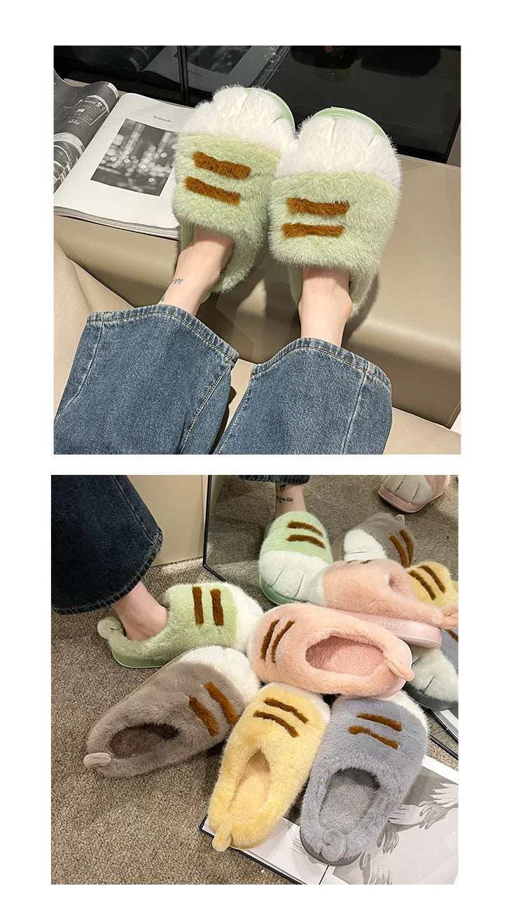 New Adorable Kitty Claw Slippers Women's Home Shoes Non Slip Furry Mules Female Fashion Warm Fluffy Slides Outdoor Cat Slippers Badiee Stylez