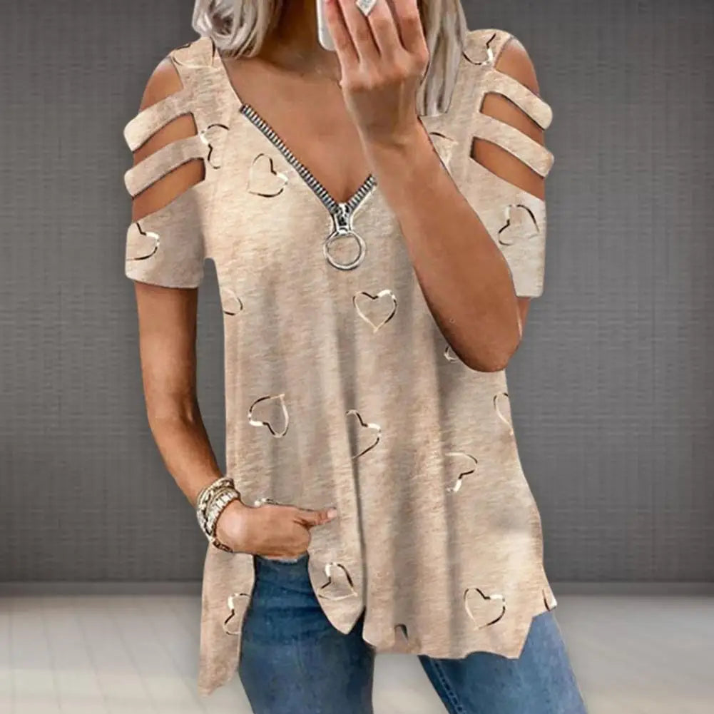 Women Summer Top V Neck Low-cut Hollow Out Short Sleeves T-shirt Match Pants Loose Plus Size Women Blouse Women Clothes