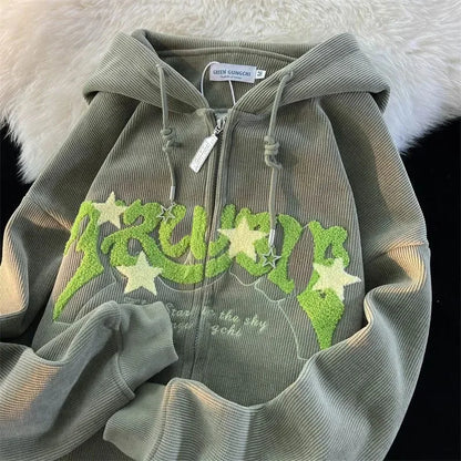 Plus Size XL-3XL Corduroy Embroidery Loose Hoodies Women Sprring Autumn Long Sleeve Zipper Hood Shirt Harajuku Y2K Sweatshirt green