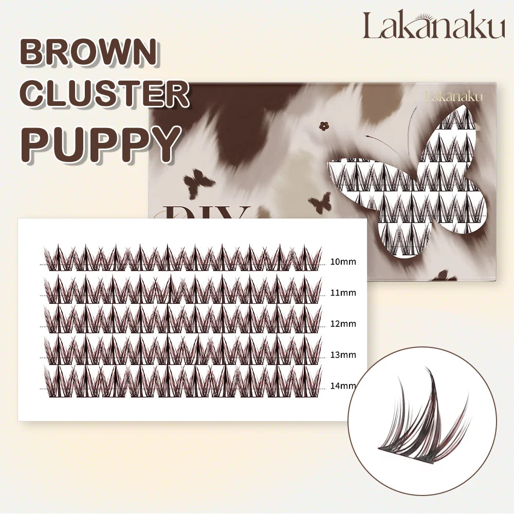 LAKANAKU Brown Cluster DIY Lashes Natural Soft Cashmere Brown Eyelashes Extension DIY False Lashes Save Time For Beginner Makeup PUPPY D MIX(10-14)