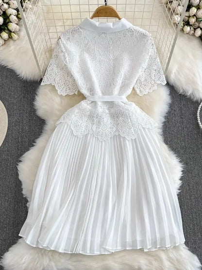Summer Elegant Crochet Lace Patchwork Chiffon Pleated Dress Women's Short Sleeve Hollow Out Flower Buttons Belt Runway Vestidos