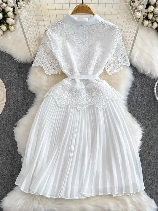 Summer Elegant Crochet Lace Patchwork Chiffon Pleated Dress Women's Short Sleeve Hollow Out Flower Buttons Belt Runway Vestidos