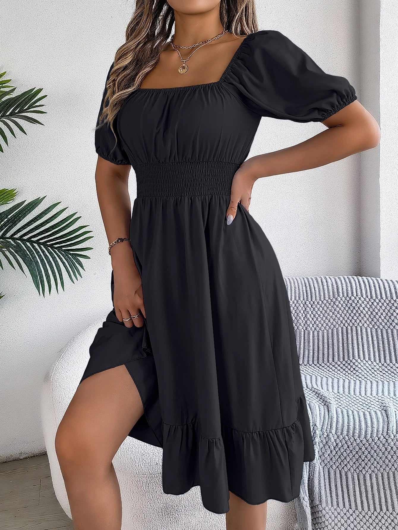 Spring and Summer Elegant High Waisted Dress Square Neck Short Sleeved Ruffled Edge Long Dresses for Women Badiee Stylez