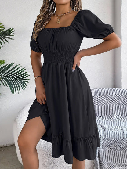 Spring and Summer Elegant High Waisted Dress Square Neck Short Sleeved Ruffled Edge Long Dresses for Women Badiee Stylez