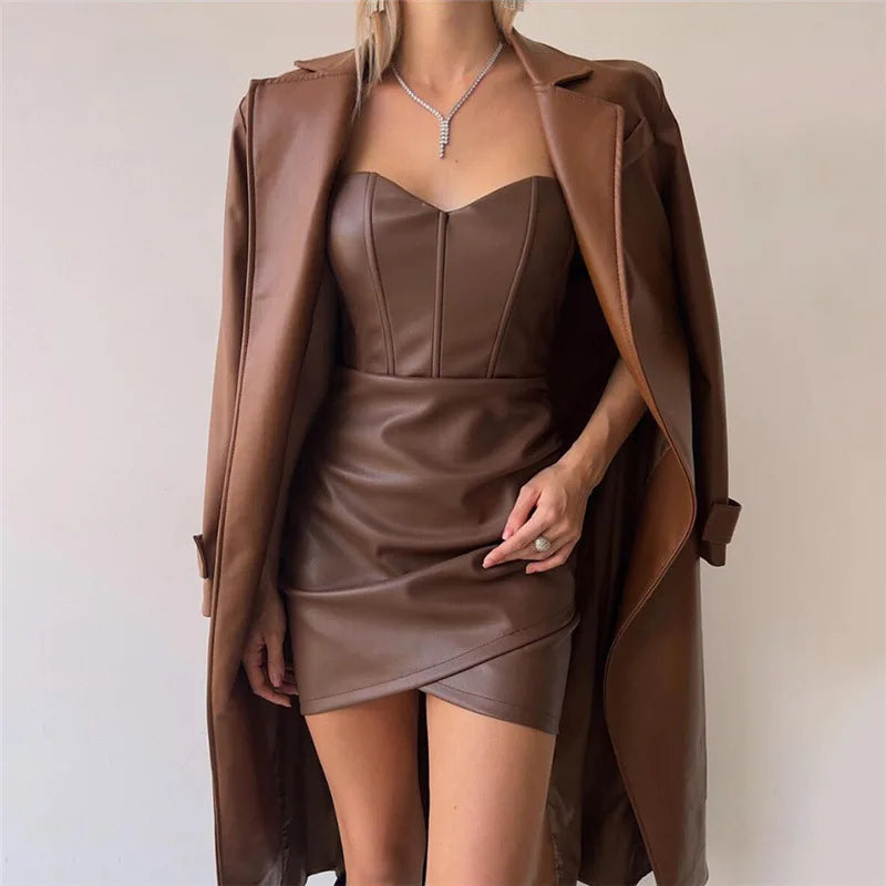 PU Leather Strapless Bodycon Dress Women Sexy Off Shoulder Tube Top Corset Mini Dress Club Party Streetwear Backless Robe Femme