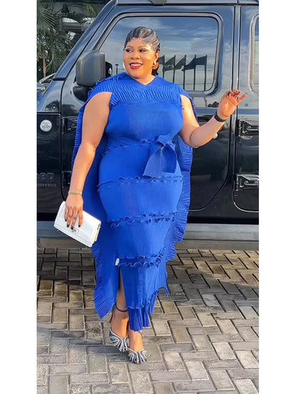 EGRM Miyake Solid Pleated French Three-dimensional Fungus Edge Cake Dress Women's Loose Long Dresses 2025 Summer New 6R8109 Blue One Size