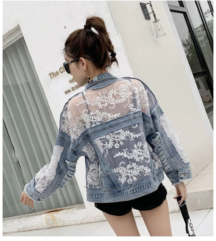 Cotton Denim Coat Women Lace Spring Autumn Ropa Cardigan Jeans Maxi Punk Gothic Bomber Jacket Windbreaker Y2k Jackets Korean