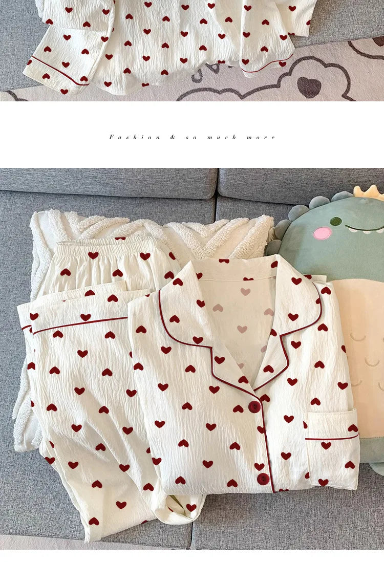 Spring and Autumn New Women's Pajamas Homewear Set Girls Gentle Wind Love Cardigan Pajamas Wrinkled Cloth Homewear Long-Sleeved