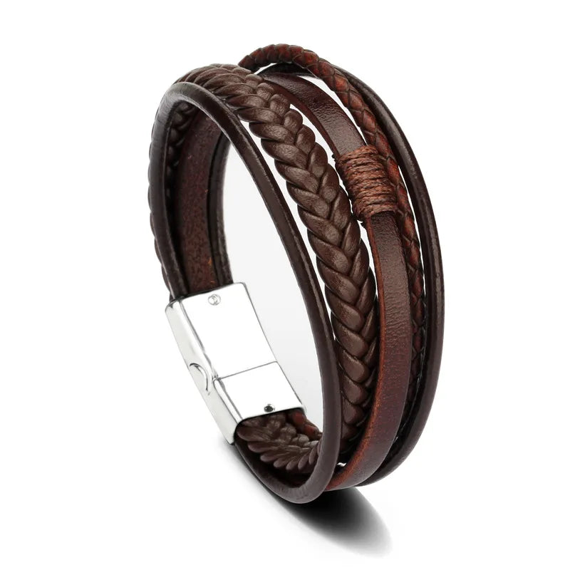 Trendy Leather Bracelets For Men Stainless Steel Bracelet 21CM Multilayer Braided Rope Bracelets for Male Jewelry Gifts 8 21
