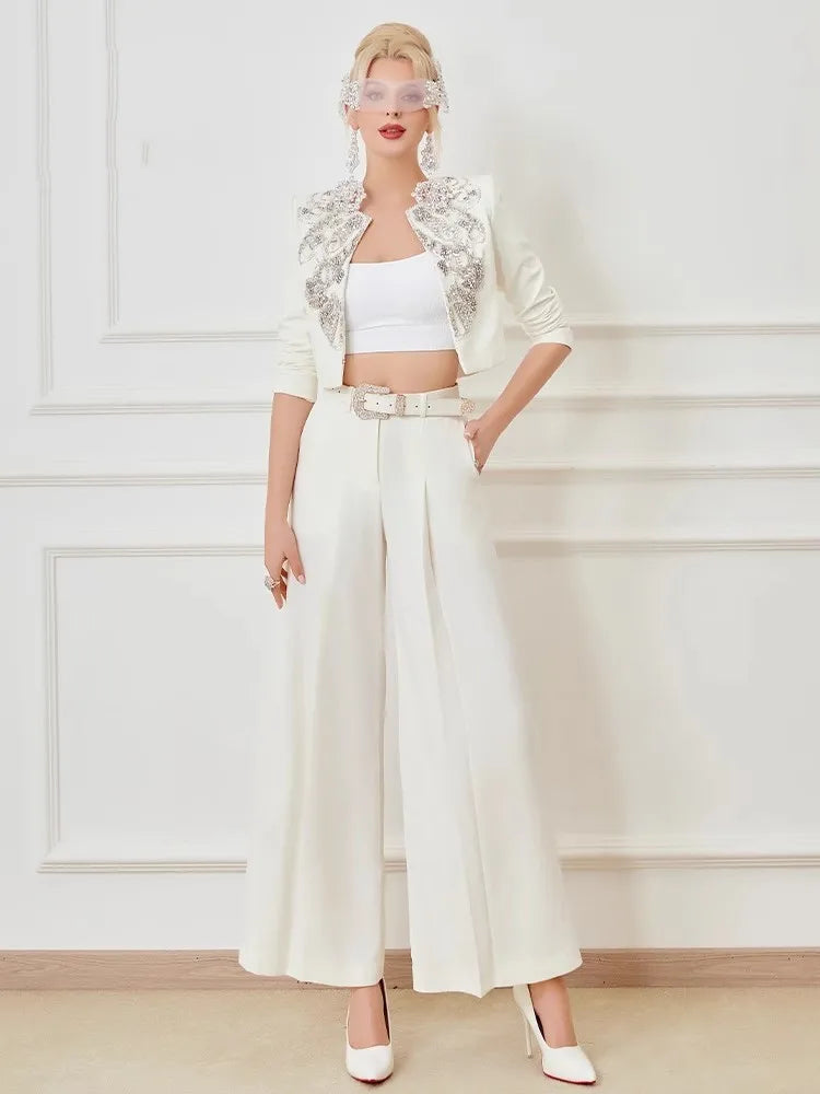 Elegant Office Ladies Designer Handmade Diamonds Slim Fit Short Jacket Hgih Waist Wide Leg Pants Women Two Piece Set Size S-5XL Badiee Stylez