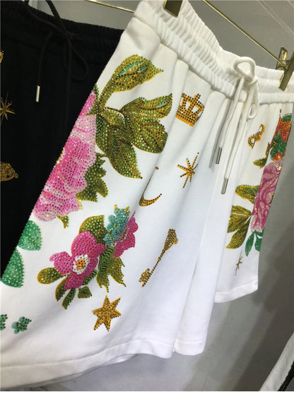 Oversized rhinestone diamond high-waisted black adjustable waist wide leg slacks Women's shorts