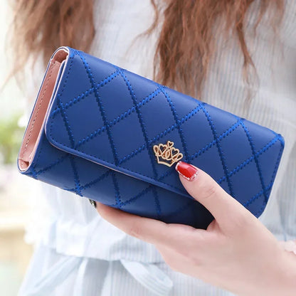 Black Long Wallets for Women PU Leather Diamond Pattern Purse Card Holder Crown Buckle Ladies Phone Bag Fashion Clutch Bag Blue