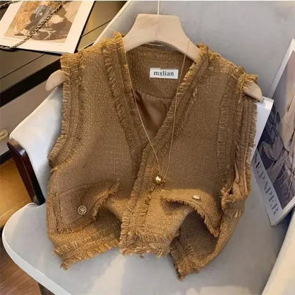 Chalecos Mujer French Fragrant Style Sleeveless Short Coat Black Tassel Vest Women Vintage Crop Top Colete Waistcoat  2024