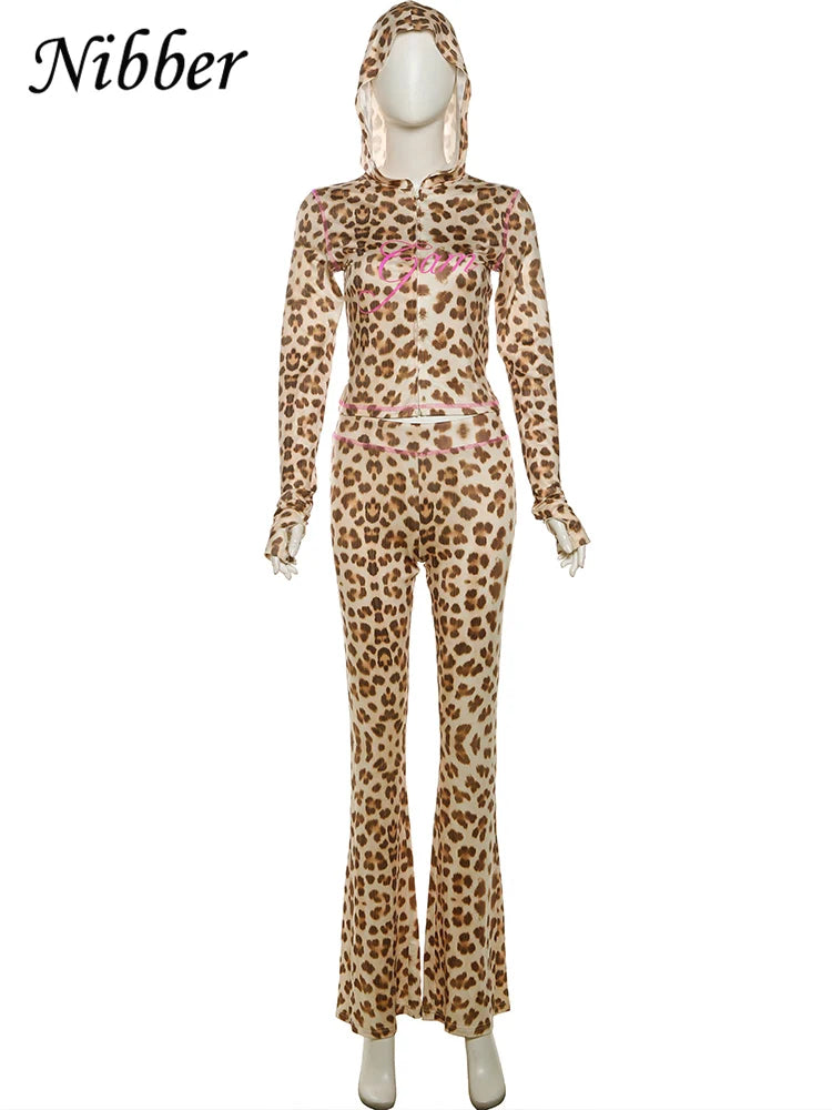 Nibber Leopard Print 2 Piece Set Women's Autumn Tracksuit Athleisure Hooded Crop Jacket + Flared Pants Stretch Matching Suit