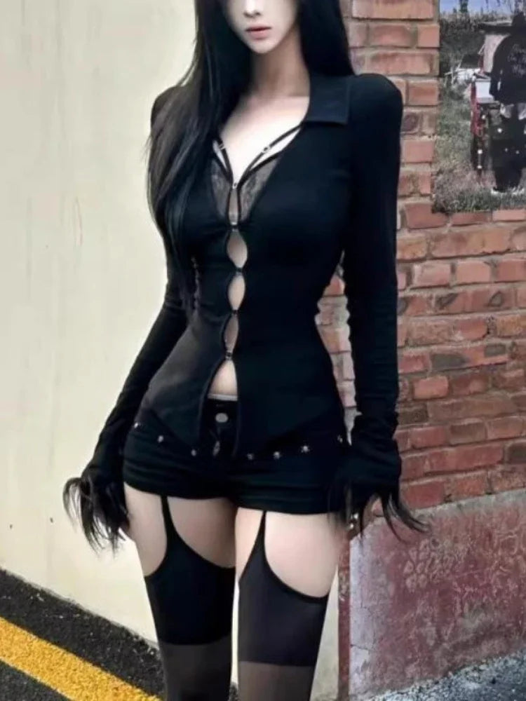 Gothic Y2k Aesthetic Women Sexy Hollow Out T-shirt Vintage Lace Patchwork Streetwear Grunge Tops Harajuku Slim Fit Black Tees 910 Black