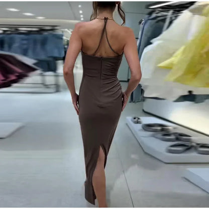 Women's V-neck Sleeveless Backless Slim Fit Metal Halter Jumpsuit Sexy Hollow out Long Robe Party Dress New Tank Top 2025 Summer