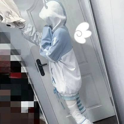 Girls Stitch Woman Clothing Subculture Japanese Hoodie Blue White Autumn Woman Sweatshirts Zipper Winter y2k Clothes Hoodies