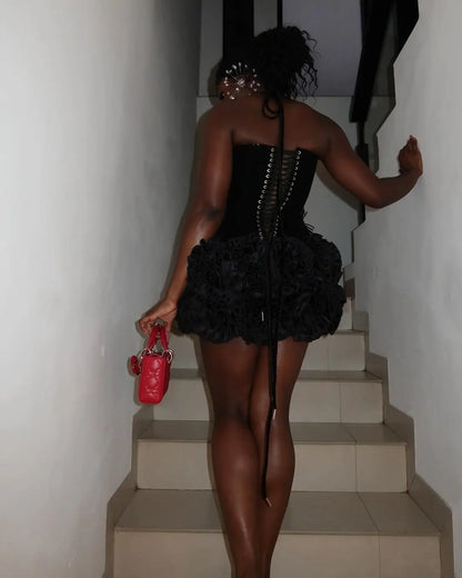 Black Red Women Sexy Strapless Laced-up Tops 2 Pieces Florals Bodycon Mini Bandage Dress Celebrate Nightclub Party Stage Wear