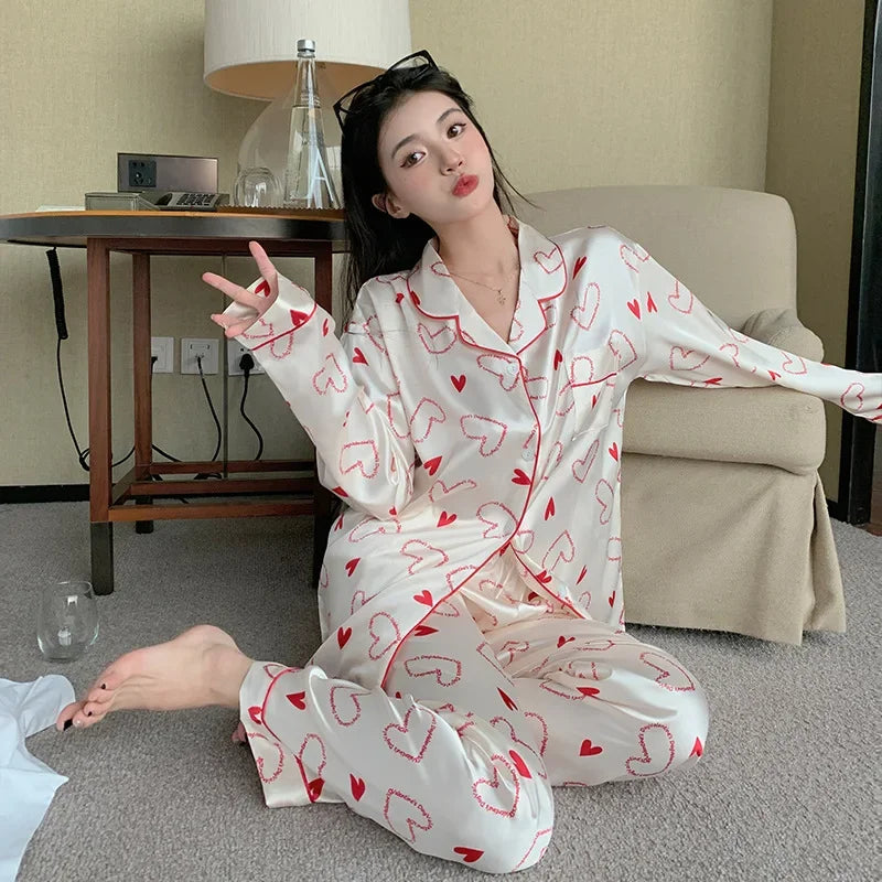 Korean Style Women's Two-piece Pajamas Sets Fashion Flower Print Faux Silk Satin Sleepwear Female Long Sleeve Pants Housewear 19