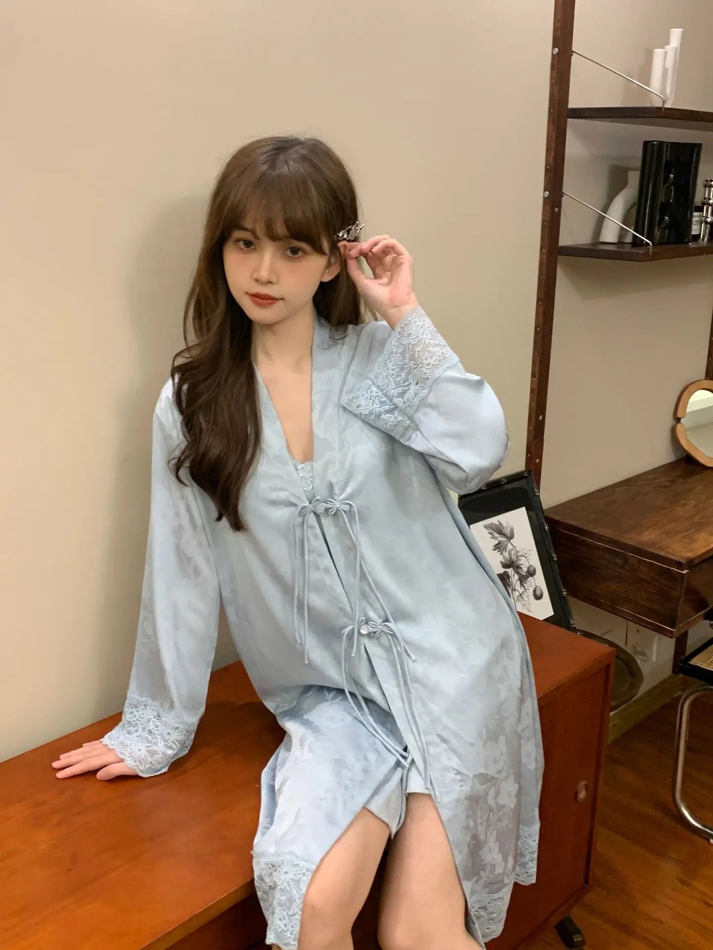New Chinese Style 2PCS Robe Nightgown Set Sleepwear Sexy Lace Suspender Nightdress Loungewear Jacquard Satin Bathrobe Homewear Badiee Stylez