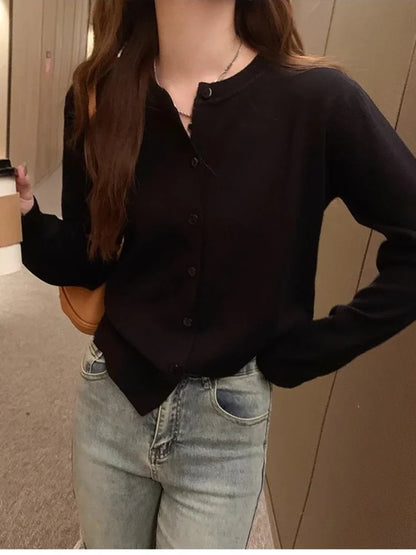 New 2025 Spring Summer Knit Cardigan O-Neck Solid Color Fashion High-Grade Comfortable Slim Casual Knitwear Tops
