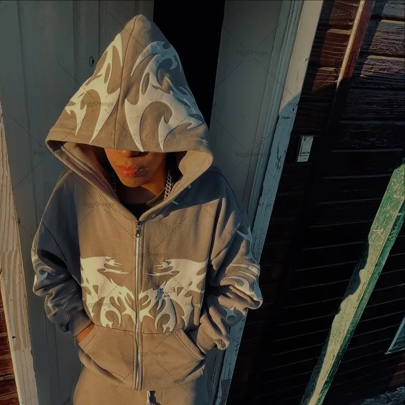 Striped Print Harajuku Gothic Casual Loose Sweatshirt Men Fashion Retro Hip-hop Y2K 2025 Rock Streetwear Oversized Hoodie Women