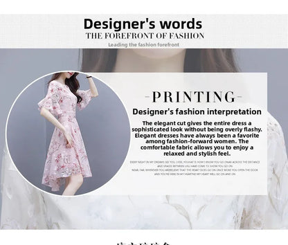 Ele Summer Women's Midi Dr ang Hai Sle Sweet Princ round Ne ort Sve A-Line Skirt Printed Chiffon Dr