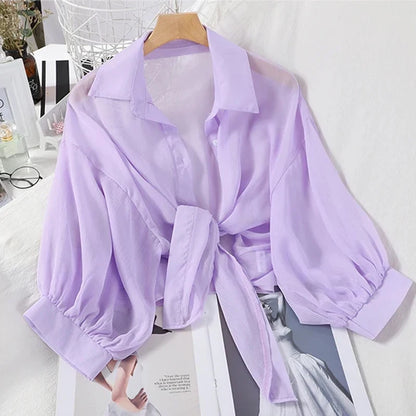 2023 Summer Half Sleeve Buttoned Up Shirt Loose Casual Blouse Chiffon Shirts Women Tied Waist Elegant Blouses for Women 9776 PURPLE
