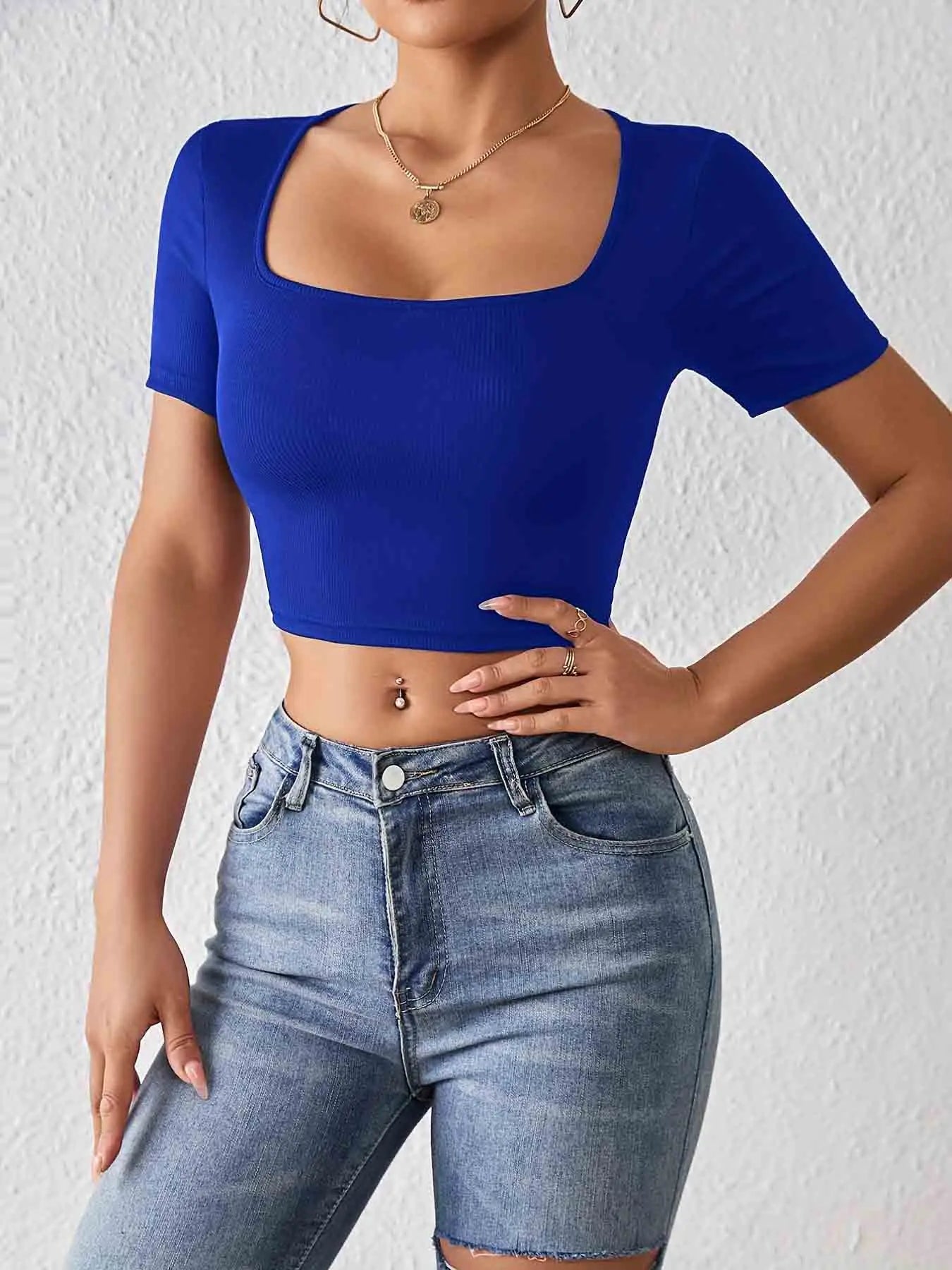 Solid Square Neck Crop T-Shirt Y2K Sexy Short Sleeve T-Shirt For Spring & Summer Women's Clothing