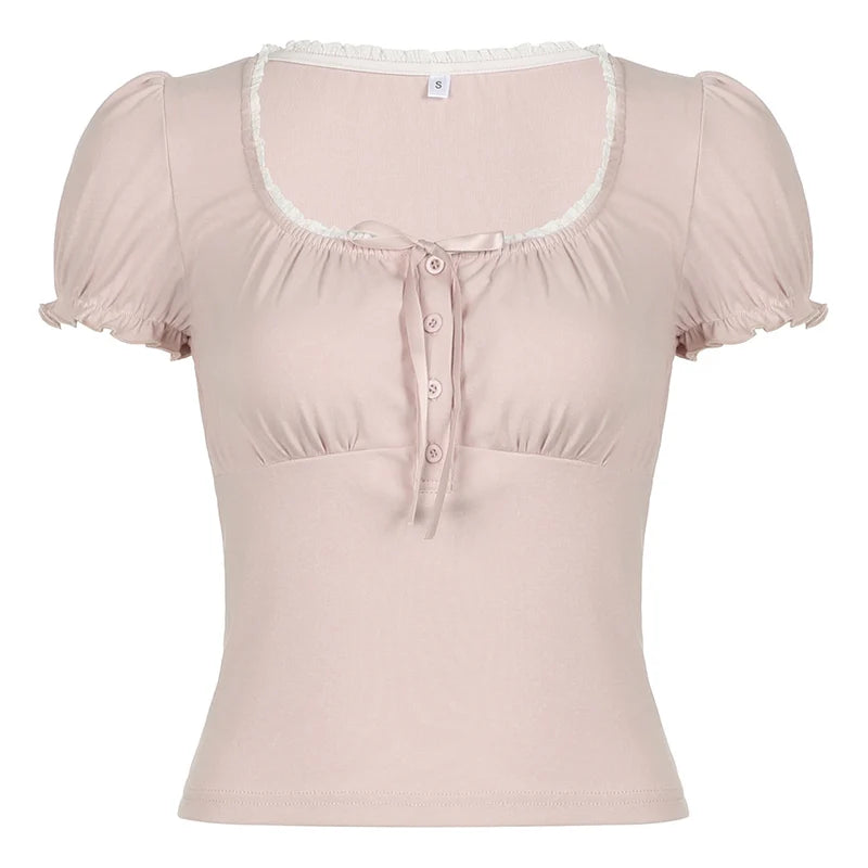 Sweet Button-up Top Women's Summer Cute Slim-fitting Contrast Lace Stitching Bow Square Collar T-shirts Y2K Korean Tees