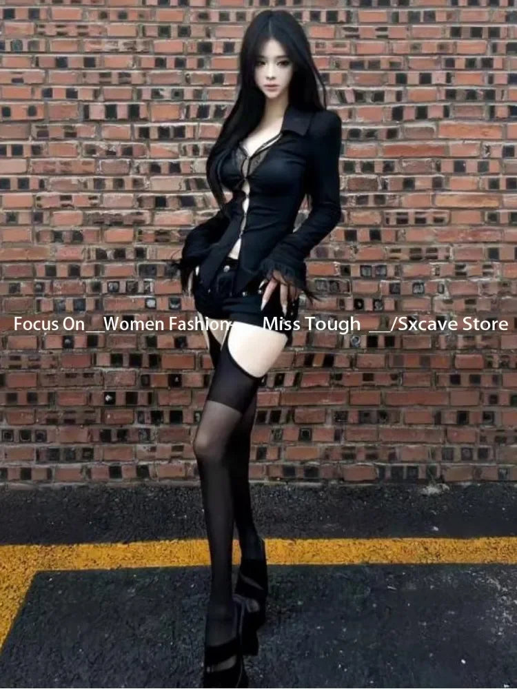 Gothic Y2k Aesthetic Women Sexy Hollow Out T-shirt Vintage Lace Patchwork Streetwear Grunge Tops Harajuku Slim Fit Black Tees