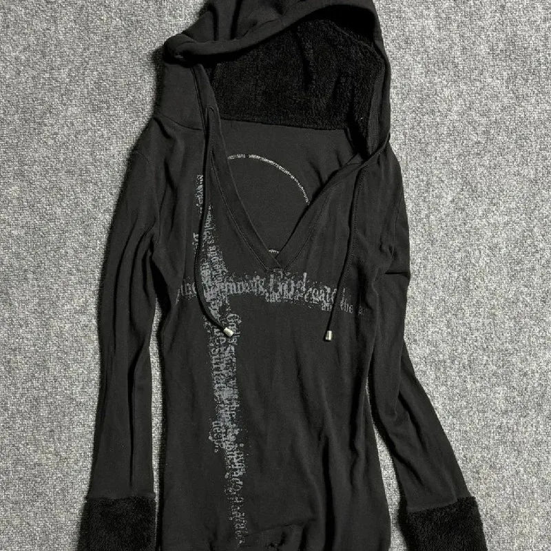 Deeptown Y2k Black Vintage Printed Hoodies Women V Neck Long Sleeve American Fashion Hooded Sweatshirt Streetwear Hip Hop Spring