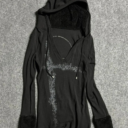 Deeptown Y2k Black Vintage Printed Hoodies Women V Neck Long Sleeve American Fashion Hooded Sweatshirt Streetwear Hip Hop Spring