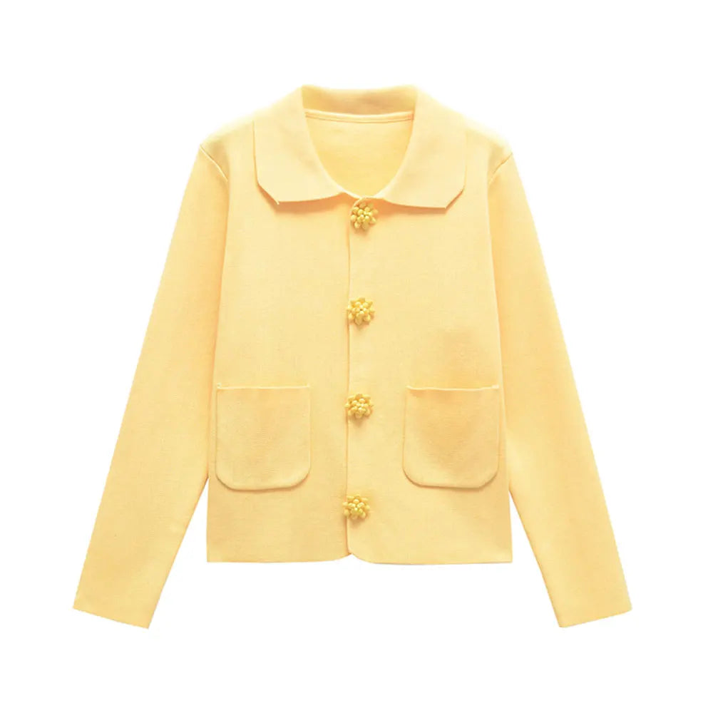 TRZA Women Fashion With Beaded Buttons Knit Cardigan Sweater Long Sleeve Patch Pockets Female Outerwear Chic Tops as picture