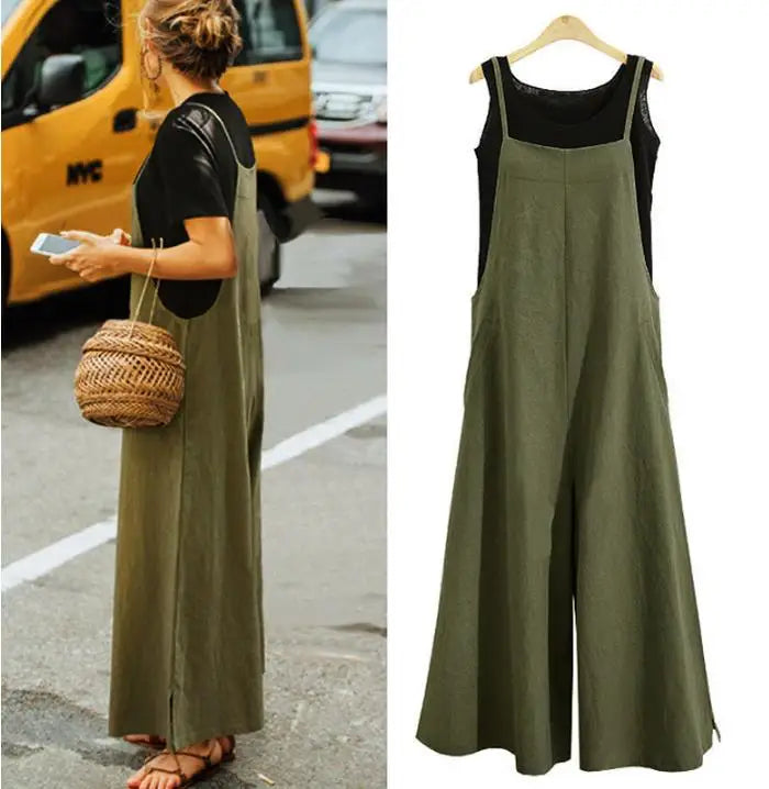 Women Straps Jumpsuit Summer Solid Color Wide Leg Pants Dungaree Bib Overalls Casual Loose Sleeveless Cotton Linen Jumpsuits 5Xl Badiee Stylez